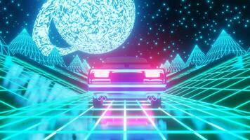 Retro scene of car traveling in sci fi landscape toward a planet. Perfect loop. 3D animation. Synthwave vj theme video