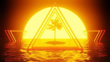 80s style retro scene with palm trees, sunset and water. 3D render animation. Design concept. video