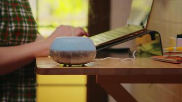 Zoom in shot aromatherapy diffuser working while freelancer woman works from the kitchen video