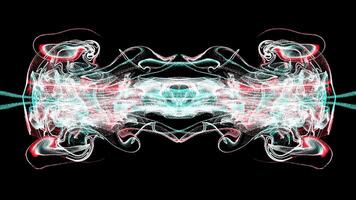 Abstract particle flames in red and cyan colors making a symmetrical composition isolated on black background video