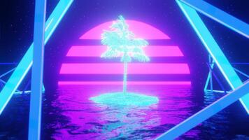 Schwindel bewirken auf retro Palme Baum umgeben durch Neon- Dreiecke. 3d machen Animation im perfekt Schleife video