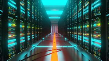 Data center with server racks in a corridor room. 3D animation of digital data and cloud technology video