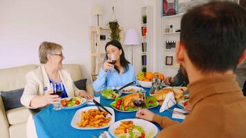 giovane caucasico donna e sua madre potabile vino a famiglia cena. video