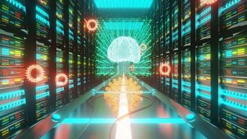 Big data an AI learning concept in server center. 3D render animation video