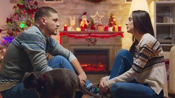 Married couple celebrating christmas with their cute cat sitting on the carpet in front of fireplace. video