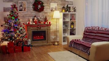 Room with traditional decoration for christmas celebration, Fireplace with candles. video