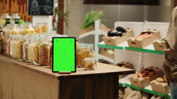 groene scherm lay-out Aan tablet Bij lokaal biologisch supermarkt, etisch afkomstig producten voor duurzame levensstijl. apparaat rennen geïsoleerd mockup sjabloon of Chroma sleutel in nul verspilling eco op te slaan. camera a. video