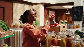 africain américain acheteur profiter Frais arôme de tomates à magasin, odeur fraîchement récolté produire mis dans caisses à quartier supermarché. femme justificatif local agriculture. caméra b. video