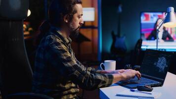 Self employed developer updating artificial intelligence machine learning algorithm, writing binary code scripts. IT expert working from home using programming to upgrade AI brain, camera A video