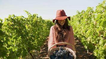 Woman with a basket of grapes in hands laughing to the camera. Slow motion footage video