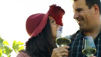 Beautiful couple tasting wine in lensflares. Wine tasting. Shot in 6K on cinema camera video