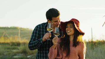 innamorato caucasico coppia degustazione delizioso bianca vino nel verme luce del sole. tiro nel 6k su cinema telecamera video