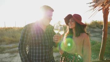 couple dégustation blanc du vin dans chaud le coucher du soleil lumière video