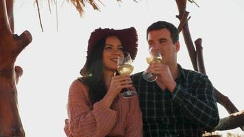 In love couple clinking glasses with white wine in warm sunset light video