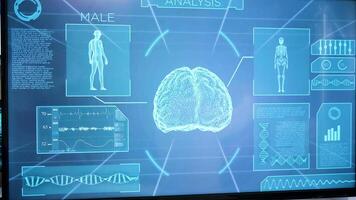 médico en moderno neurociencia centrar para cerebro investigación. paciente vistiendo ondas cerebrales exploración auriculares. video