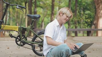 Handsome happy young man with bicycle on a city street, Active lifestyle, people concept video