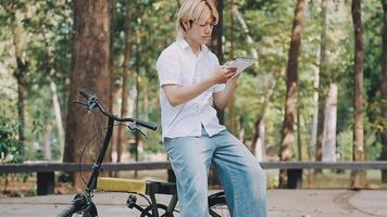 Handsome happy young man with bicycle on a city street, Active lifestyle, people concept video