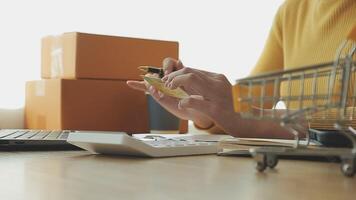 joven mujer recibido en línea compras paquete o empaquetar apertura cajas y comprando Moda artículos por utilizando crédito tarjeta, tienda en línea y entrega concepto video