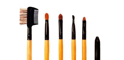 Cosmetics make up brush set isolated on white background. Tool for woman using on face. photo