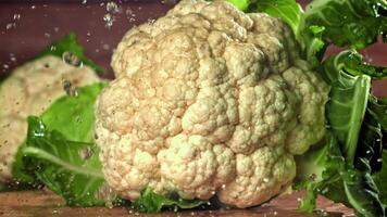 Raindrops fall on cauliflower. Filmed on a high-speed camera at 1000 fps. High quality FullHD footage video