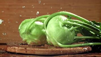 Drops of water fall on the kohlrabi cabbage. Filmed on a high-speed camera at 1000 fps. High quality FullHD footage video