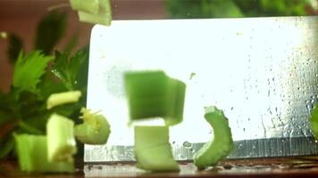 The knife cuts through the fresh sprinkled celery. Filmed on a high-speed camera at 1000 fps. High quality FullHD footage video