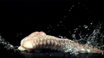 Chicken wings falling on a black background. Filmed on a high-speed camera at 1000 fps. High quality FullHD footage video