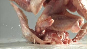 crudo pollo Ali caduta su bianca sfondo. girato su un' alta velocità telecamera a 1000 fps. alto qualità FullHD metraggio video