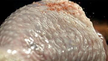 Spices falling on chicken legs. Filmed on a high-speed camera at 1000 fps. High quality FullHD footage video