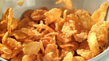 Cornflakes fall into a plate. Filmed on a high-speed camera at 1000 fps. High quality FullHD footage video