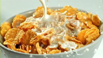 Milk is poured into a cup of cornflakes. Filmed on a high-speed camera at 1000 fps. High quality FullHD footage video
