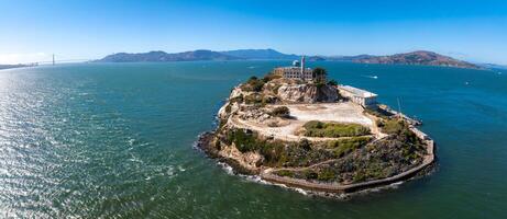 Aerial view of the prison island of Alcatraz in San Francisco Bay, photo