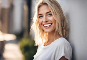 ai generado el belleza de un natural rubia brillante sonrisa foto