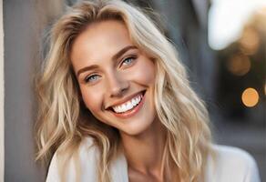 ai generado todo natural belleza el rubia con el Perfecto sonrisa foto