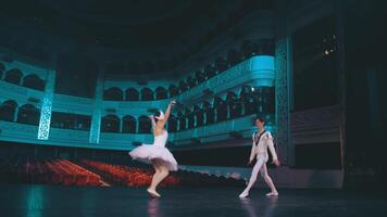 Professional duet of ballet dancers. Beautiful ballet couple. Young choreographers showing their creative art . video