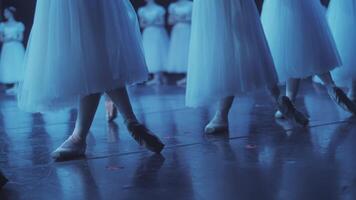 een positie in ballet. detailopname van de ballerina's poten Aan stadium in een mooi blauw licht gedurende de prestatie. video