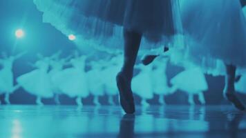 fermer de ballerines jambes dansant gracieux classique performance sur organiser. pieds dans projecteur silhouette. tutu pour cygne lac. lent mouvement. professionnel concert de ballet video