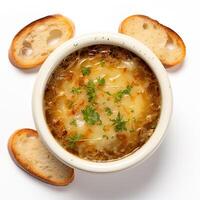 AI generated Onion soup closeup photo