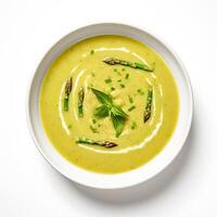 AI generated Asparagus soup closeup isolated on white background photo