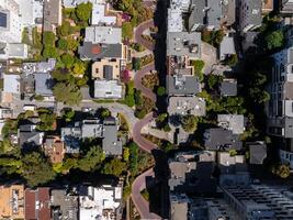 Panoramic view of aerial Lombard Street, an east west street in San Francisco, California. photo