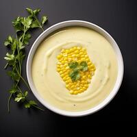 AI generated Corn soup closeup photo