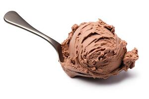 AI generated Chocolate ice cream close up isolated on white background photo