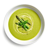 AI generated Asparagus soup closeup isolated on white background photo