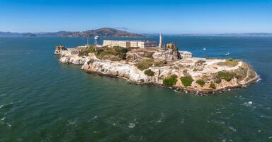 Aerial view of the prison island of Alcatraz in San Francisco Bay, photo