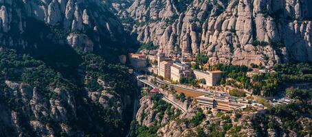 Aerial view of the Benedict church Abbey of Monserrat from Barcelona, Spain. photo