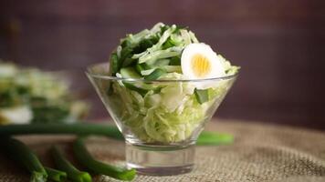 Primavera salada com cedo repolho, pepinos, ovos e verde cebolas em uma de madeira mesa. video