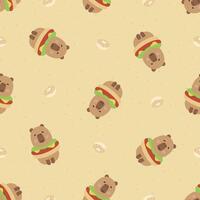 Vector seamless pattern with funny baby capybaras in burger  with sweet donuts.