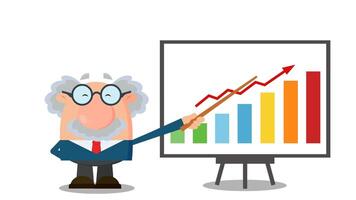 Professor Or Scientist Cartoon Character With Pointer Presenting A Progressive Chart. 4K Animation Video Motion Graphics Without Background