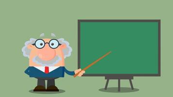 professor eller forskare tecknad serie karaktär med pekare presenter på en styrelse. 4k animering video rörelse grafik med bakgrund