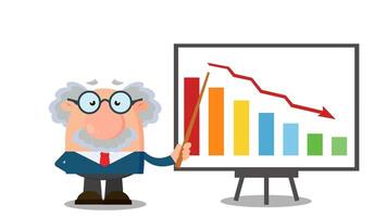 Professor oder Wissenschaftler Karikatur Charakter mit Zeiger präsentieren ein fallen Diagramm. 4k Animation Video Bewegung Grafik ohne Hintergrund